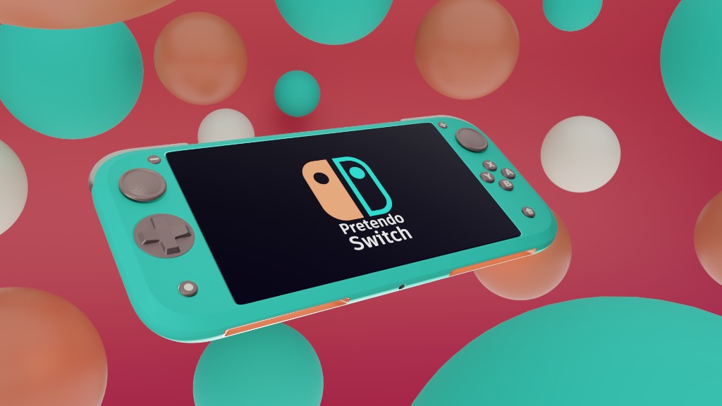 Teal Pretendo Switch handheld console floating among teal, coral and white spheres on a red backdrop